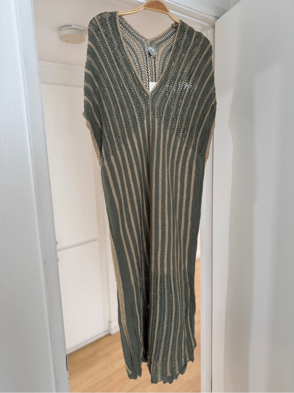 Striped Knit Maxi Dress in Green & Cream - Lightweight V-Neck